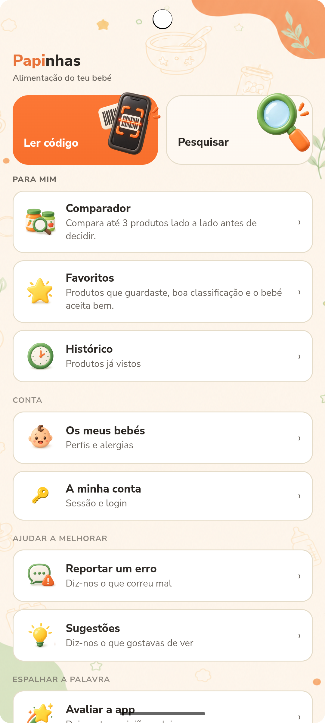 Ecrã principal da app Papinhas